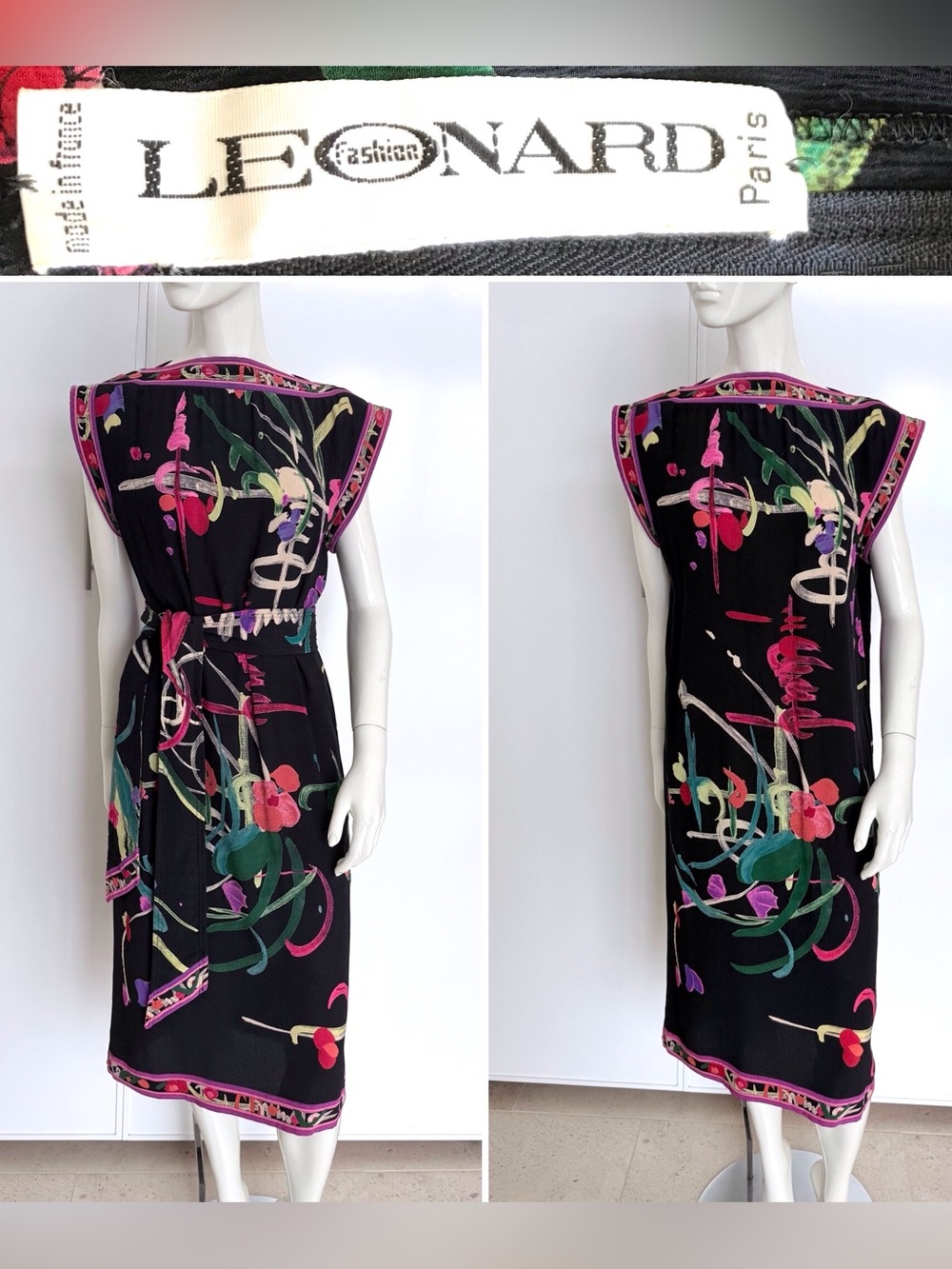 Archival 1960s Leonard Paris Silk Dress Mod Abstract Floral Border w/Belt 60s M